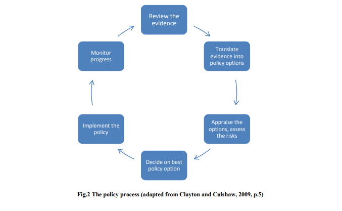 Figure to visualize the steps of the policy process. Reprinted from “EPA Resource Kit: Bridging the Gap Between Science and Policy,” by A. Davies and J.Rourke, 2014, https://www.epa.ie/publications/research/communicating-research/BRIDGE_Good_Practice_Guide.pdf. Copyright 2014 by Environmental Protection Agency.