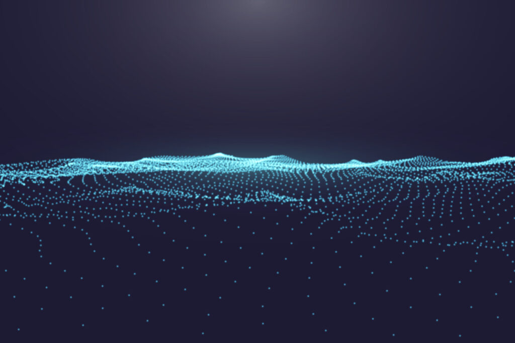 Abstract,Digital,Ocean,With,Flowing,Particles,And,Upper,Light.,Cyber