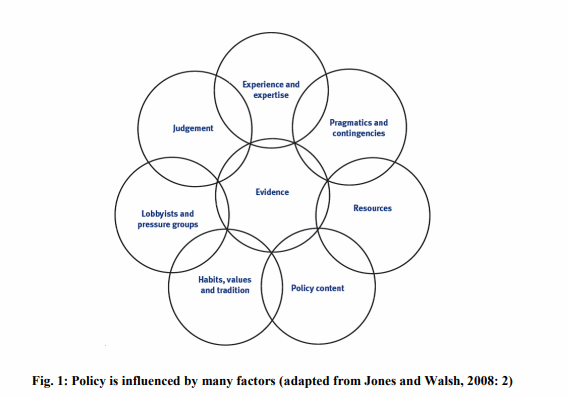 Figure to visualize the varying factors that contribute to policymakers decisions. Reprinted from “EPA Resource Kit: Bridging the Gap Between Science and Policy,” by A. Davies and J.Rourke, 2014, https://www.epa.ie/publications/research/communicating-research/BRIDGE_Good_Practice_Guide.pdf. Copyright 2014 by Environmental Protection Agency. 